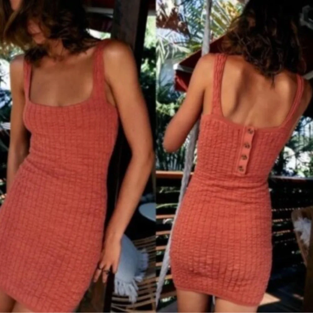 Free People Beach burnt orange seersucker mini dress medium - Picture 3 of 12